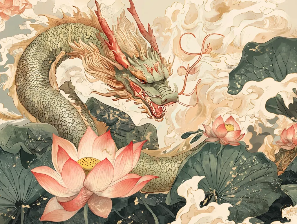 The image is a vibrant depiction of a Chinese dragon emerging from swirling clouds and water. Its scales shimmer in green and gold, and its fierce face is accented by a long, curved horn. The dragon is surrounded by lush lotus flowers, their pink petals contrasting beautifully with the dragon's scales and the watery background.  The image captures the power and majesty of this mythical creature.