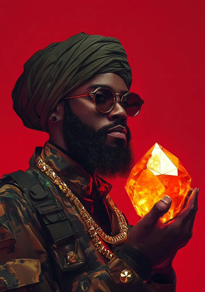 A man with a dark complexion and a thick beard is wearing a green turban, sunglasses, a camouflage jacket, and a thick gold chain. He holds a glowing orange gemstone in his hand against a bright red backdrop. His gaze is focused and his expression is serious. The image exudes an air of power and mystique.