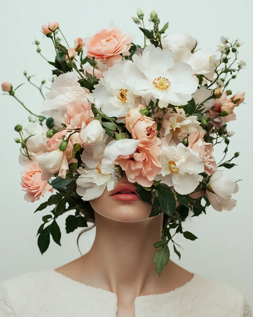 A woman's face is partially obscured by a large bouquet of delicate pink and white flowers. The flowers, including roses and peonies, create a soft and romantic look. The woman's lips are visible, slightly parted, suggesting a sense of mystery. The background is a simple white, allowing the flowers to take center stage. The overall image conveys a sense of beauty, fragility, and the ephemeral nature of life.