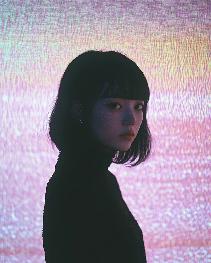 A young woman with dark hair and a black turtleneck stands against a wall of shimmering iridescent purple. Her expression is stoic, her eyes looking down slightly. The background is out of focus, creating a dreamy and ethereal atmosphere.  The lighting is soft and warm, casting subtle shadows on her face.  The image is intimate and suggestive of a moment of introspection or quiet contemplation.