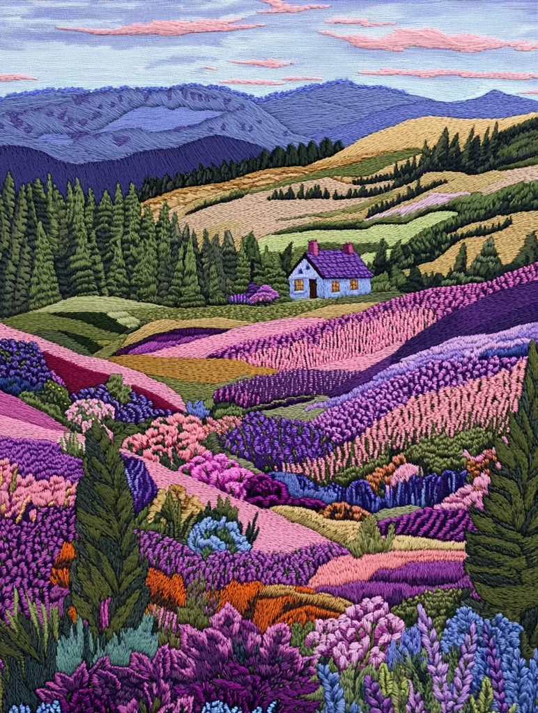The image is a close-up of an embroidered landscape, featuring a vibrant and colorful countryside scene. Lush purple, pink, and orange wildflowers blanket rolling hills, which are dotted with patches of green grass and a small, charming blue cottage nestled amongst the trees. The background showcases a range of blue mountains with a soft pink sky above. The intricate details and textures captured through the embroidery technique make the scene feel both whimsical and real.