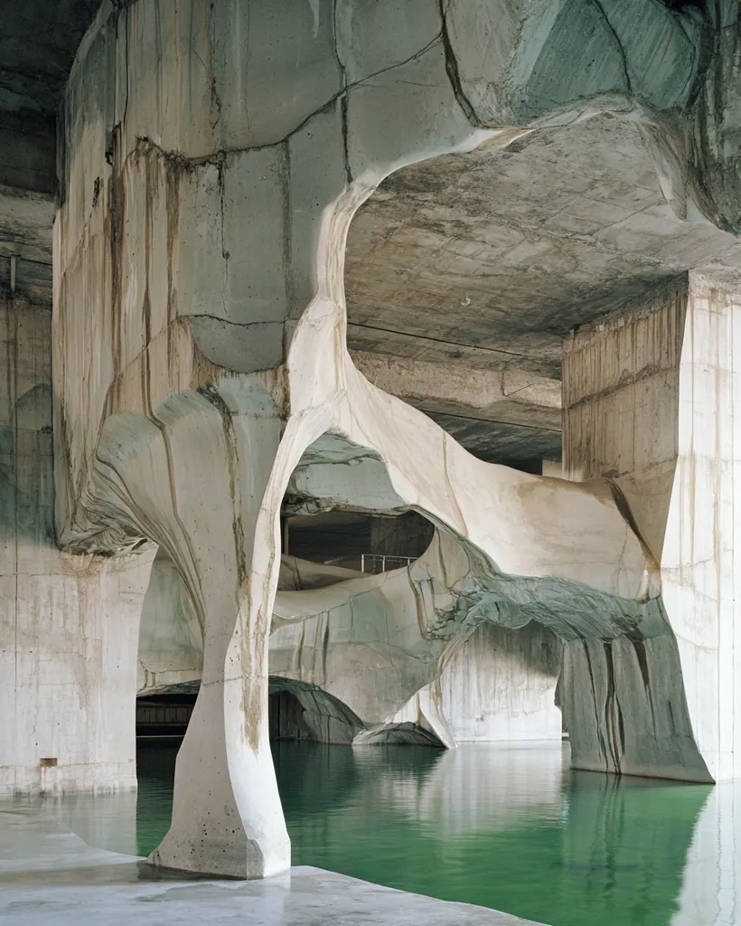 The image shows a concrete structure with a unique, organic shape. The concrete is carved out to form a series of arches and curves, creating a sense of both openness and enclosure. A body of still, green water fills the space beneath the structure, reflecting the light from above. The overall effect is one of both ruggedness and beauty, highlighting the versatility and artistic potential of concrete as a building material.
