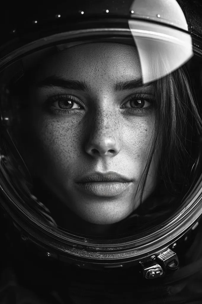 A black and white photograph of a woman's face, her eyes looking directly at the camera. She is wearing a helmet, and the image is focused on her face, which is covered in freckles. The image is shot in a dark, atmospheric style, emphasizing the woman's intense gaze.  The lighting is dramatic and highlights the contrast between her light skin and the dark helmet. The overall effect is one of mystery and intrigue.