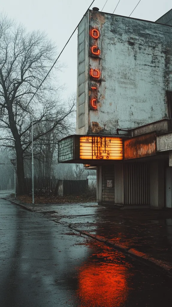 A weathered building stands on a deserted street, the grey sky mirroring its worn facade. A neon sign, glowing orange, spells "OCUC" on the building's side, casting a warm reflection on the wet pavement.  The street stretches into the distance, disappearing into a soft haze of mist and rain.  The scene evokes a sense of loneliness and forgotten memories.