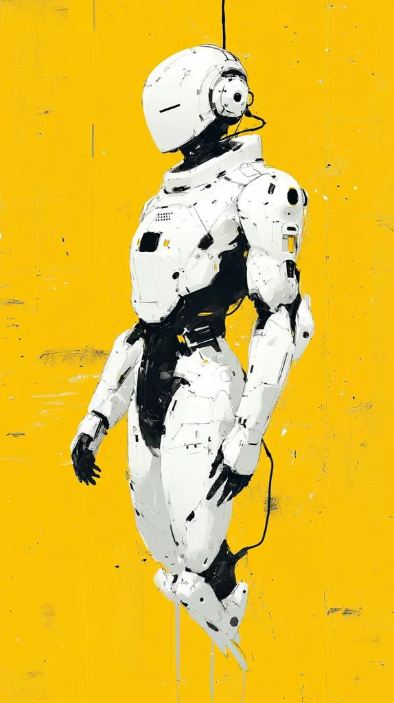 The image is a digital painting of a white robot against a yellow background. The robot is suspended in mid-air, with its arms outstretched. The robot has a large, round head with a visor, and its body is covered in intricate details. The yellow background is textured, with hints of black and white. The image is stylized and futuristic, with a sense of mystery and intrigue.