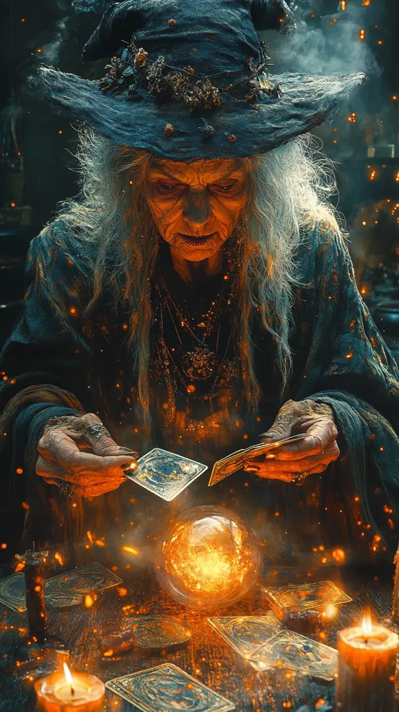 An old woman with long white hair and a witch's hat, sits with a crystal ball in front of her.  She holds a deck of cards in her hands. The image is set in a dark, mystical room with a glow of fire and candles in the foreground. The woman's face is obscured by shadow, adding to the mystery of the scene.  The image hints at a story of magic and fortune-telling.  The cards, the crystal ball, and the surrounding flames add to the sense of wonder and mystery.