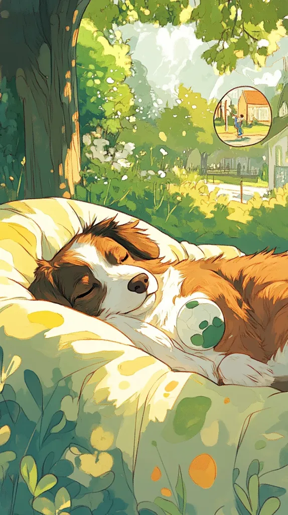 A brown and white dog sleeps peacefully on a yellow blanket under the shade of a tree.  The dog is curled up, its head resting on the blanket, and its eyes are closed. The scene is peaceful and serene, with a sense of calm and tranquility.  In the background, a small child plays in a yard, adding a touch of whimsy to the scene. The overall effect is one of warmth, comfort, and happiness.