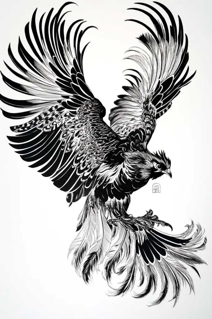 The image is a detailed black and white ink illustration of a bird with its wings spread wide. The bird's feathers are meticulously drawn, showing their intricate detail and texture. The bird's head is turned to the side, its beak slightly open, as if in mid-flight. The image captures the bird's power and grace, emphasizing its bold and striking presence.  The illustration is likely a representation of a mythical or symbolic creature, with its powerful presence and captivating design.