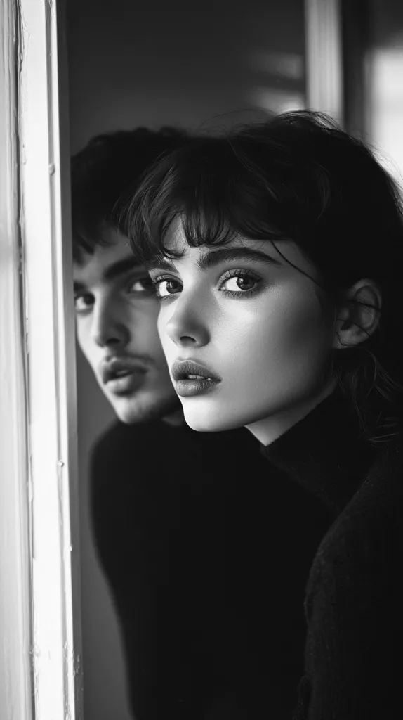 A black and white portrait of a young woman looking directly at the camera, with a man partially visible behind her. The woman has long dark hair and is wearing a black turtleneck sweater. The man is obscured by shadows and only his eyes and part of his face are visible. The background is blurred, creating a sense of intimacy. The lighting is soft and dramatic, highlighting the woman's features. The image evokes a sense of mystery and intrigue.