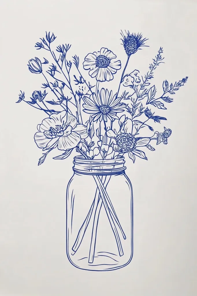 A simple line drawing of a mason jar filled with wildflowers. The flowers are all facing outward from the jar, and the stems are drawn in a loose and natural way. The drawing is in shades of blue and is set against a white background.  The drawing has a classic and timeless feel.