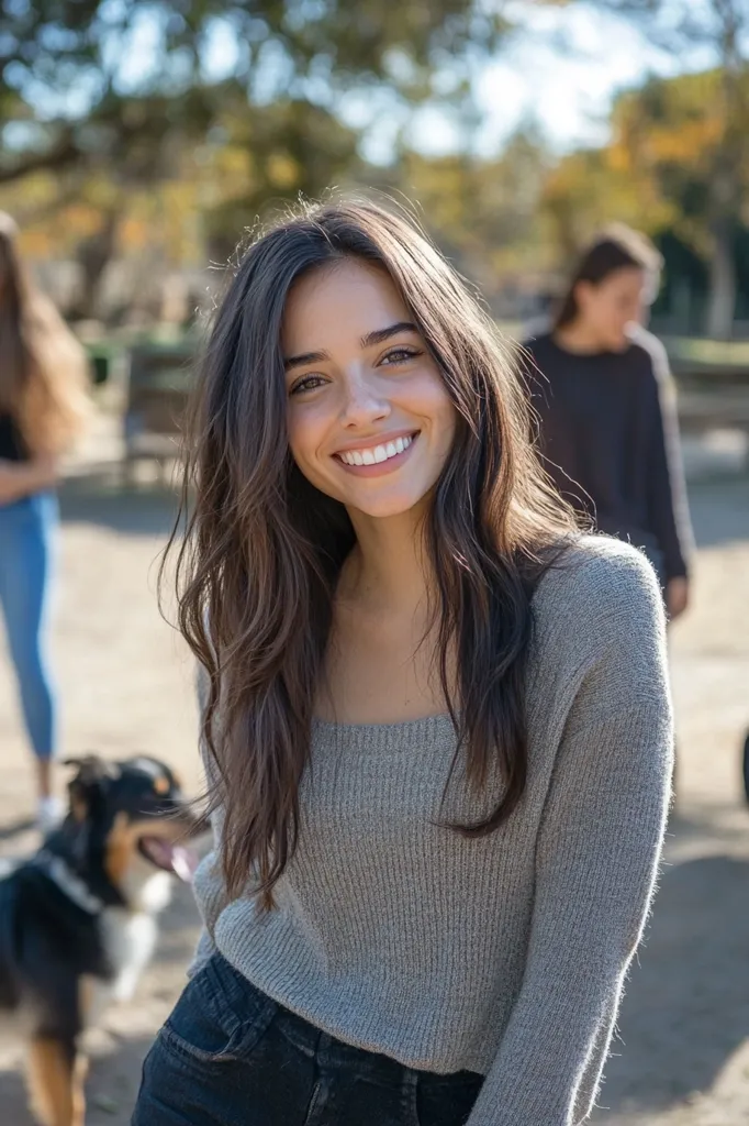 A young woman with long brown hair is wearing a grey sweater and black jeans. She is smiling and looking at the camera. A blurry figure is in the background to the left. A dog is also visible in the foreground. The background is blurred and out of focus, making the woman the focal point of the image.  The image gives off a warm and inviting feeling.