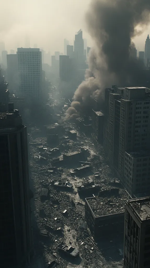 The image depicts a post-apocalyptic cityscape shrouded in smoke and debris. A large plume of smoke billows through the air, obscuring the upper floors of nearby buildings. The ground below is littered with rubble and debris, suggesting a catastrophic event. The towering buildings stand as grim reminders of a lost civilization. The scene evokes a sense of desolation and despair.