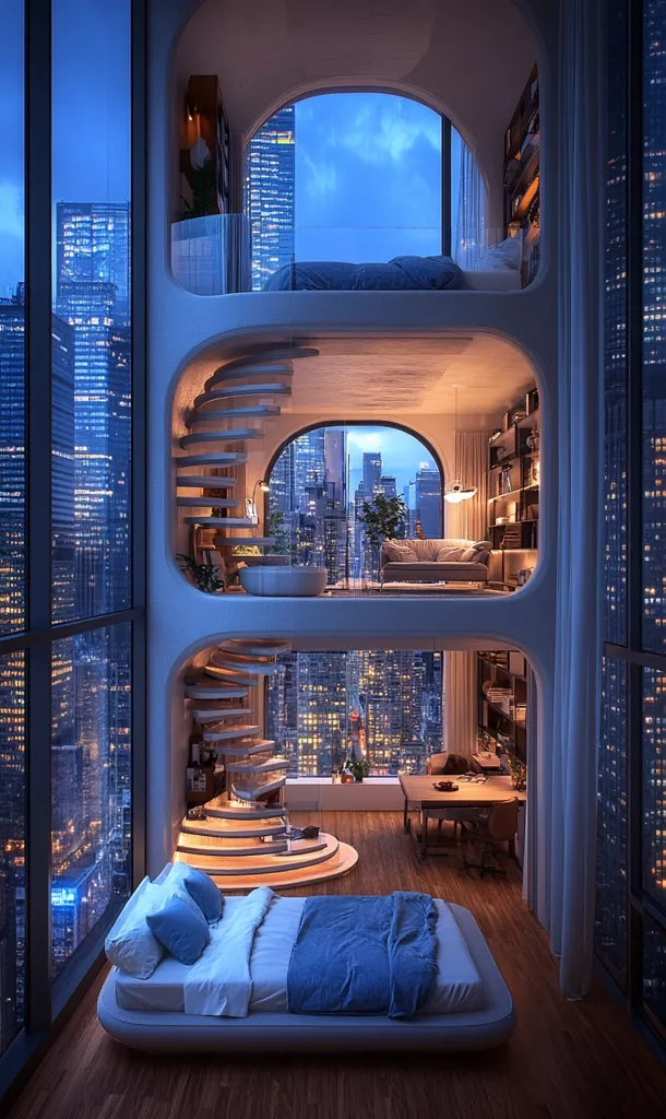 A modern, futuristic bedroom with a large bed and a stunning view of a city skyline at night. The room is designed with curved walls and a spiral staircase, leading to a higher level. The windows offer panoramic views of the city, showcasing the glittering lights and skyscrapers. The room has a minimalist and sleek design, with a focus on the view.