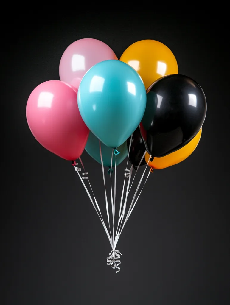 A cluster of six balloons, tied together with white ribbons, floats against a black background. The balloons are a vibrant mix of colors: pink, blue, yellow, black, and a hint of red. The blue balloon is the largest and most prominent, creating a sense of joyful celebration. The balloons are slightly deflated, adding a touch of whimsy to the image.