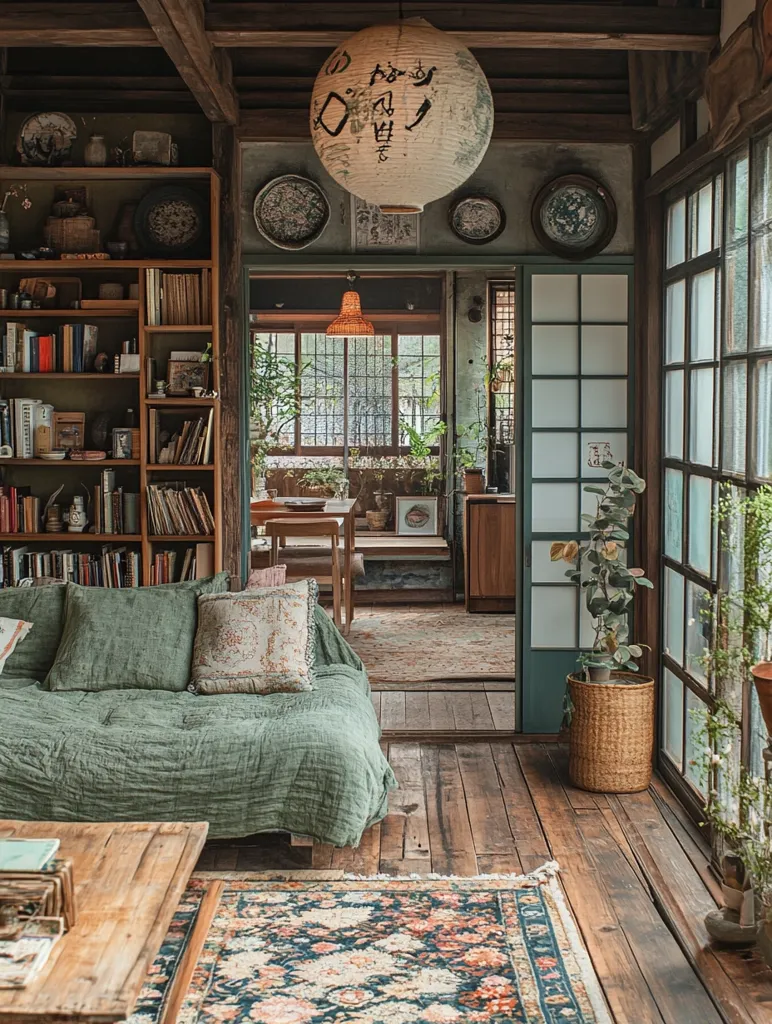 The image shows a cozy living room with a rustic, traditional Japanese aesthetic. A large green sofa sits in the foreground, invitingly draped with pillows. The wooden floorboards are worn and polished, hinting at age and history. A large, paper lantern hangs from the ceiling, casting a soft glow. The room is filled with light, streaming in from windows with traditional Japanese sliding doors.  A large bookcase filled with books, objects, and plants provides a sense of warmth and lived-in charm. The overall atmosphere is one of peace and tranquility.