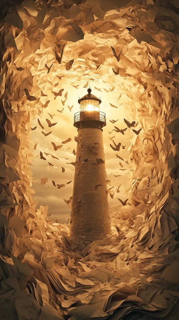 A tall, brick lighthouse stands amidst a swirling vortex of paper. The lighthouse emits a warm, yellow glow, illuminating the surrounding chaos. The papers appear to be old and worn, with some of them swirling in the air like bats. The scene evokes a sense of mystery and intrigue, as if the lighthouse is a beacon of hope in a sea of forgotten knowledge.
