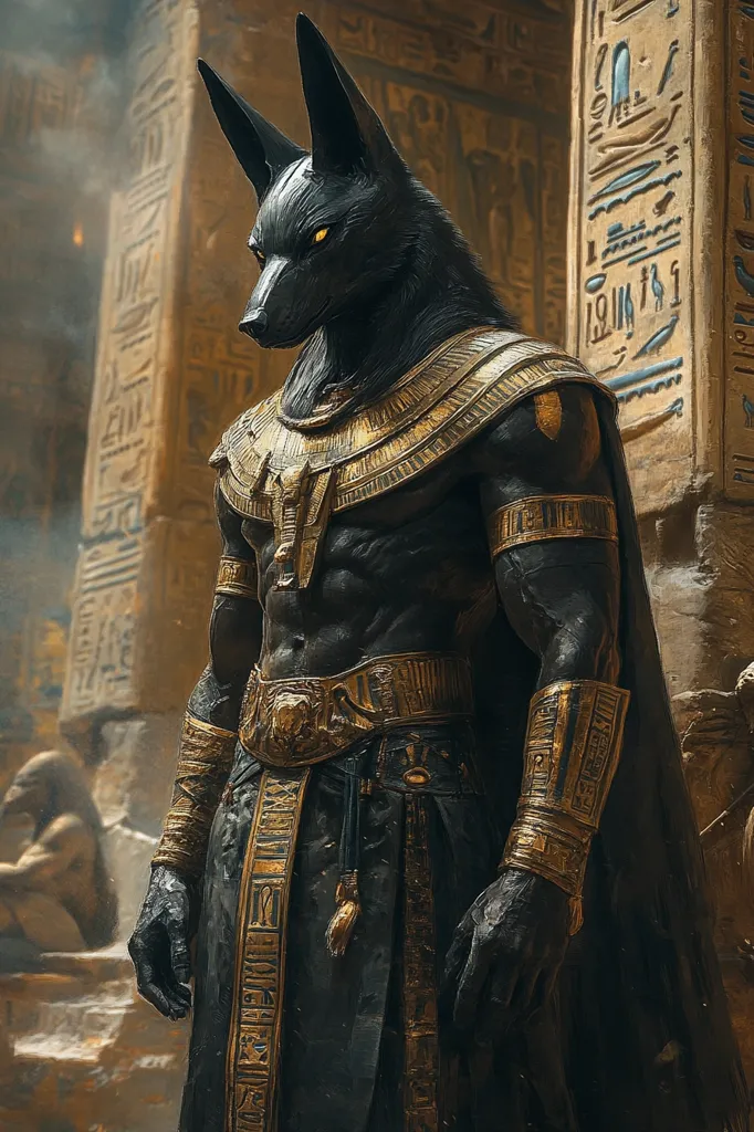 The image depicts Anubis, the jackal-headed god of the dead in ancient Egyptian mythology. He is shown standing in a grand temple setting, his body adorned with intricate golden jewelry and a flowing black cloak. His imposing presence and the hieroglyphs on the walls convey his power and role in the afterlife. The dim lighting and dramatic composition create a sense of mystery and reverence.