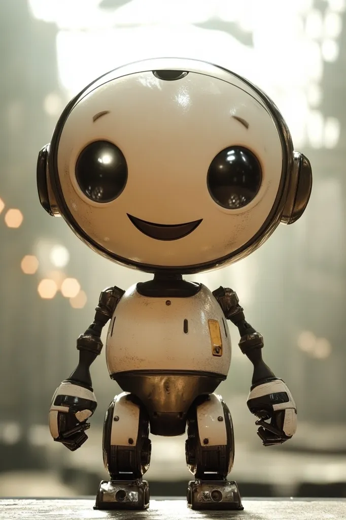A small, white robot with large, black eyes and a wide, friendly smile stands on a wooden surface. It has a round head and a body made of metal and plastic. Its arms are articulated, and it has large, round feet. The robot appears to be friendly and approachable, and its smile suggests it is happy to be there. The background is blurred, and the lighting is soft and warm.