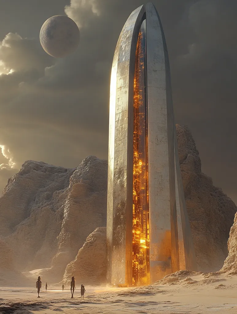 The image depicts a towering, metallic structure standing in a desolate, sandy landscape. The structure is reminiscent of an ancient monolith, with a glowing, golden interior that hints at advanced technology. The surrounding landscape features rocky hills and a pale sky with a distant moon. Small, humanoid figures stand in the foreground, suggesting a sense of mystery and exploration. The overall atmosphere is one of otherworldliness and awe.