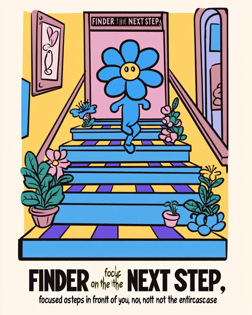 A cartoon illustration of a blue flower-headed figure walking up a staircase. The steps are blue, yellow, and purple. The background is yellow and pink with a sign that says "Finder the Next Step". The image is a reminder to focus on the steps in front of you, not the overall journey.  Flowers adorn the scene, adding to its whimsical nature.