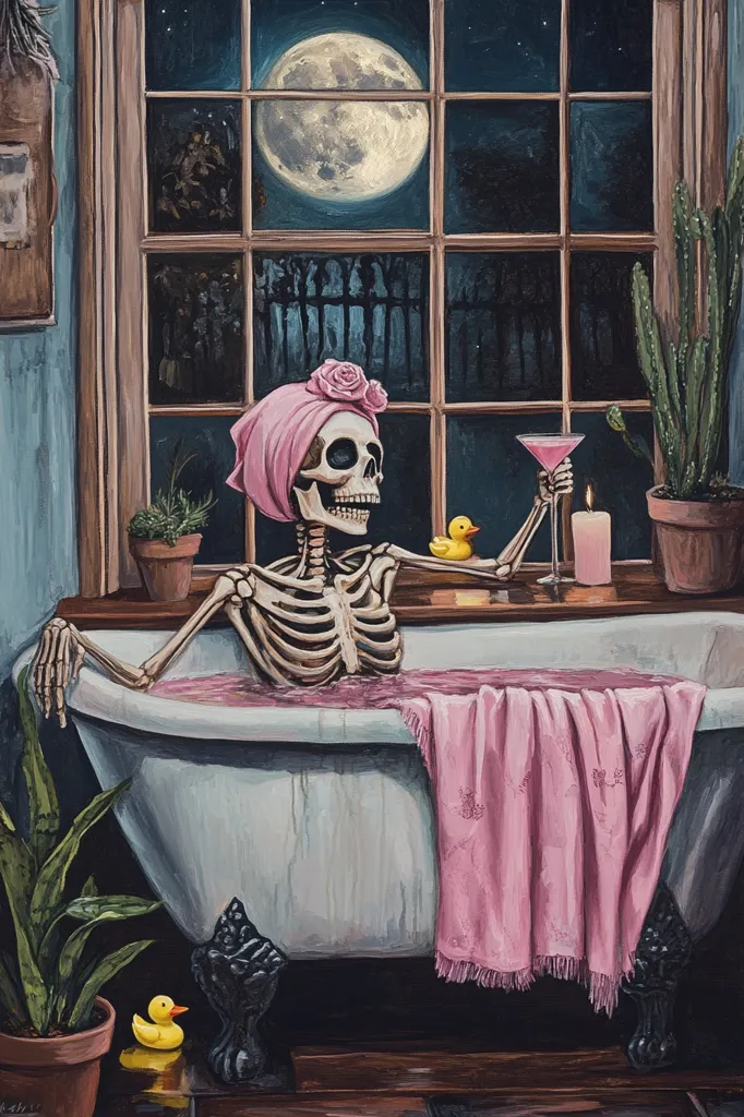 The painting depicts a skeleton in a bathtub, enjoying a relaxing bath with a cocktail and a rubber ducky. The skeleton is wearing a pink bathrobe and has a pink towel draped over the tub. The bathroom is decorated with plants and a large window overlooking a moonlit night. The scene is both humorous and unsettling, showcasing the absurdity of death and the persistence of life's simple pleasures.