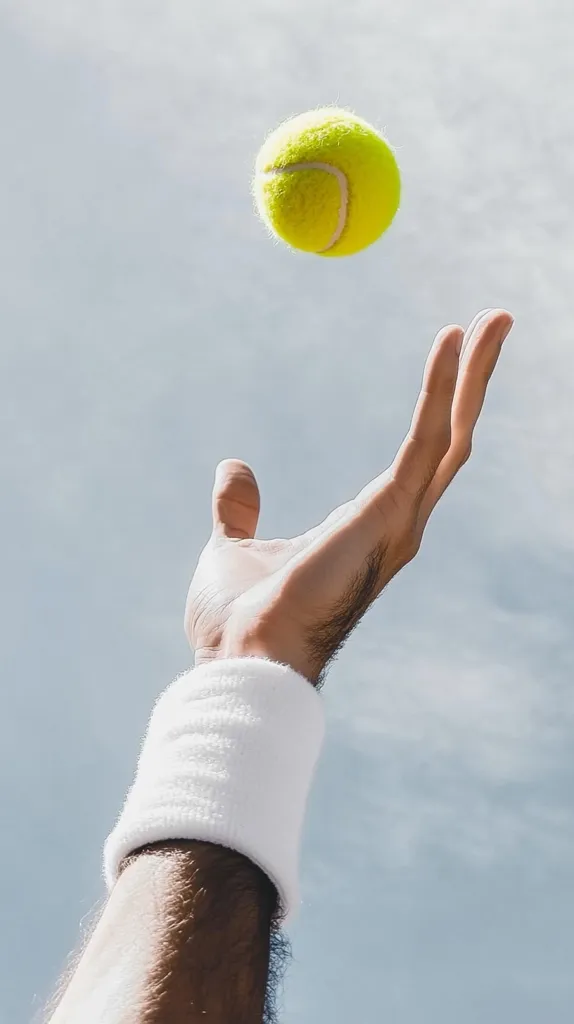 A tennis ball is tossed high into the air, just above a person's outstretched hand. The person is wearing a white wristband. The background is a light blue sky with clouds. The image captures a moment of anticipation and athleticism.