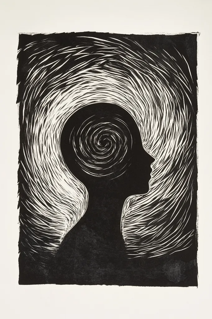 The image is a black and white linocut print of a person's head in profile. The head is surrounded by a swirling pattern that suggests movement and thought. The person's face is obscured, but their silhouette is clearly defined. The artwork is likely an abstract representation of a person's inner world or state of mind. The use of black and white creates a strong contrast and adds to the dramatic effect of the image.