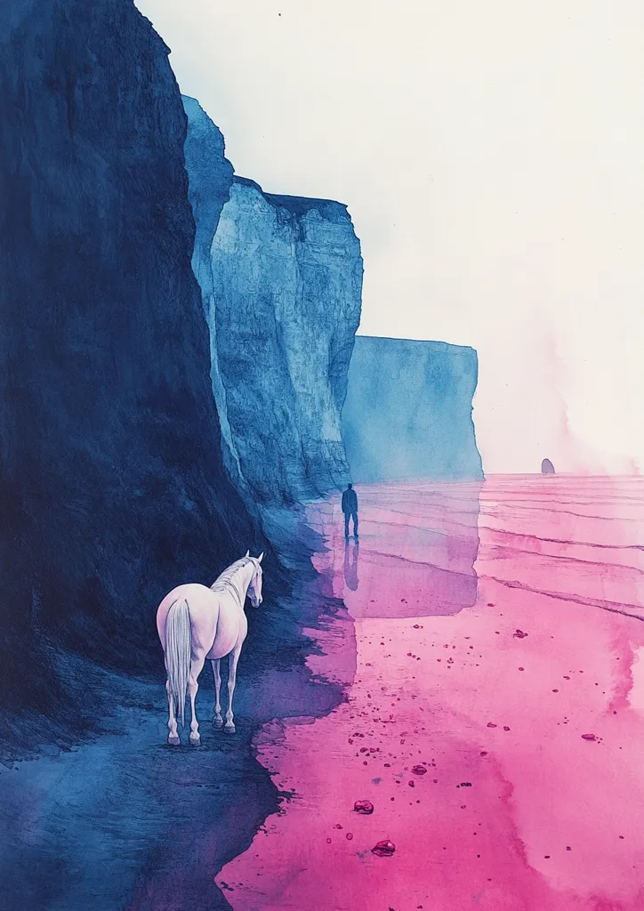 The image depicts a white horse standing on a pink beach with a silhouette of a man standing in the distance. The background features tall cliffs painted in shades of blue. The colors are vibrant and the scene is surreal, creating a dreamlike atmosphere. The image evokes feelings of isolation, mystery, and wonder.