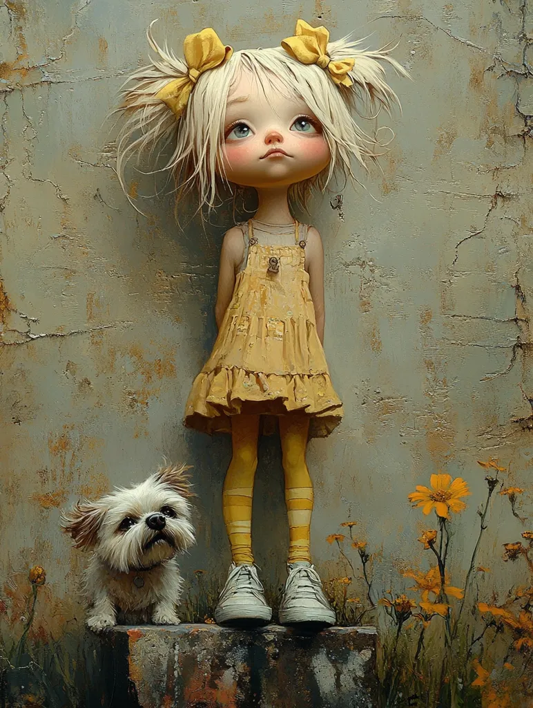 The image features a young girl with large, expressive eyes and blonde pigtails tied with yellow bows. She is wearing a yellow dress and striped stockings and is standing on a stone ledge next to a small white dog. The girl is looking up and appears to be lost in thought, while the dog looks up at her with an alert expression. The background is a textured wall and a field of yellow wildflowers. The overall mood is one of innocence and gentle curiosity.