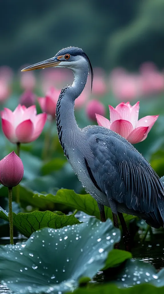 A grey heron stands amongst a field of pink lotus flowers. The heron's blue-grey feathers are glistening with water droplets, while the lotus petals are soft and delicate. The lush green leaves of the pond plants are covered in water droplets, creating a beautiful and serene scene. The heron's sharp, focused gaze suggests it is alert to its surroundings, poised to hunt for food. The vibrant colors and the interplay of light and shadow create a captivating image of nature's beauty and tranquility.