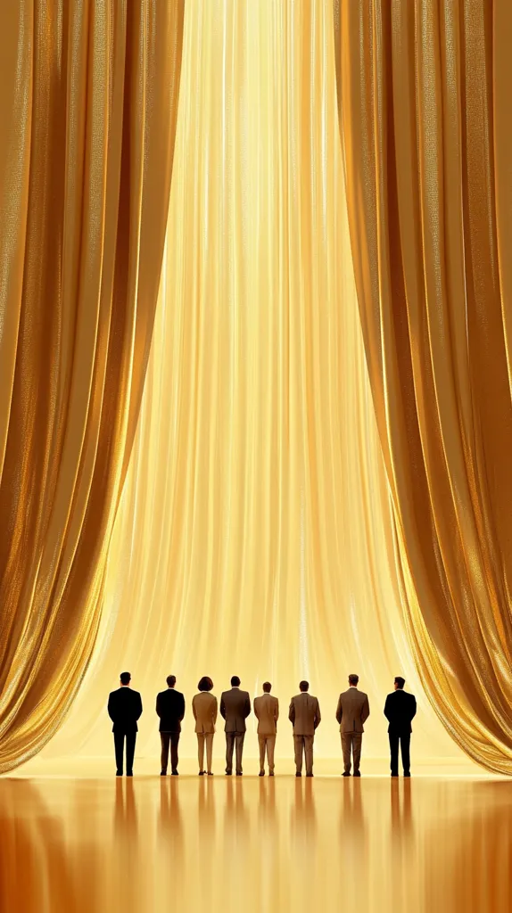 A group of eight figures, all dressed in suits, stand in a line facing away from the viewer. They are silhouetted against a backdrop of billowing golden curtains. The curtains create a dramatic effect, framing the figures and suggesting a sense of anticipation or revelation. The golden color scheme evokes feelings of wealth, power, and success. The overall image is striking and symbolic, leaving the viewer to contemplate the meaning behind the figures and their actions.