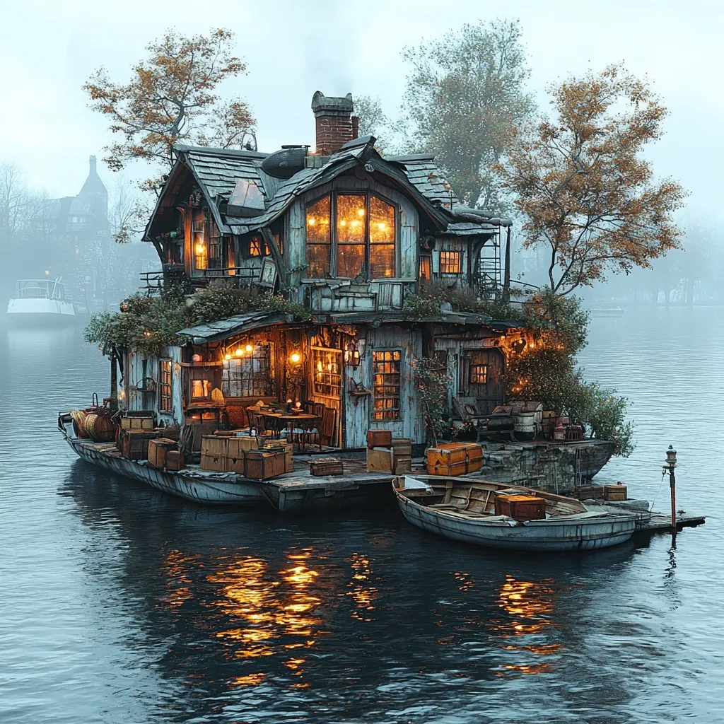 A charming, weathered houseboat rests on a tranquil waterway, illuminated by warm, inviting lights. The houseboat is nestled amongst trees and adorned with an abundance of greenery, creating a sense of cozy seclusion. The water reflects the lights, creating a picturesque scene that evokes a sense of peace and wonder. The soft fog adds an ethereal touch to the image, enhancing the dreamlike atmosphere.