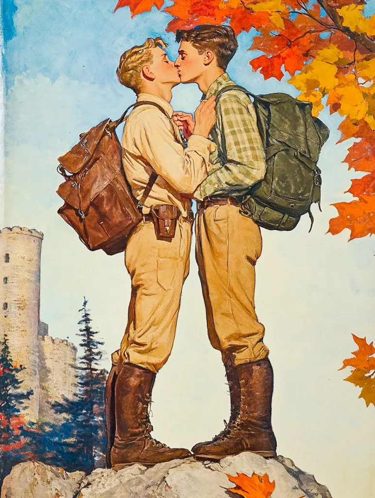 Two young men, dressed in hiking gear, are sharing a tender kiss on a rocky hillside. The man on the left is wearing a brown backpack, while the man on the right is carrying a green one. The scene is set against a backdrop of a stone tower, a lush forest, and a vibrant autumn sky, with fallen leaves scattered around them. The painting depicts a moment of intimacy and affection between the couple, capturing the beauty of nature and the joy of love.