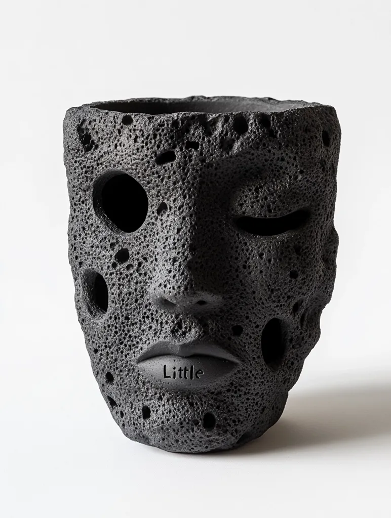 The image shows a black ceramic planter shaped like a human face. The planter has a rough, textured surface and features a closed eye, a prominent nose, and a full, slightly parted lip. The word "Little" is inscribed on the lower lip. The planter is positioned on a white surface.  The overall effect is one of abstract art with a whimsical and slightly unsettling feel.