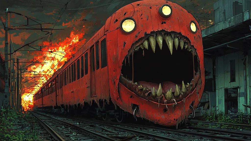 A menacing, fiery red train with a gaping maw full of teeth dominates the scene. Its presence is terrifying and ominous, with flames erupting from its back. The train is positioned on a track leading through a desolate, post-apocalyptic environment. It seems like a creature come to life, ready to consume all in its path.
