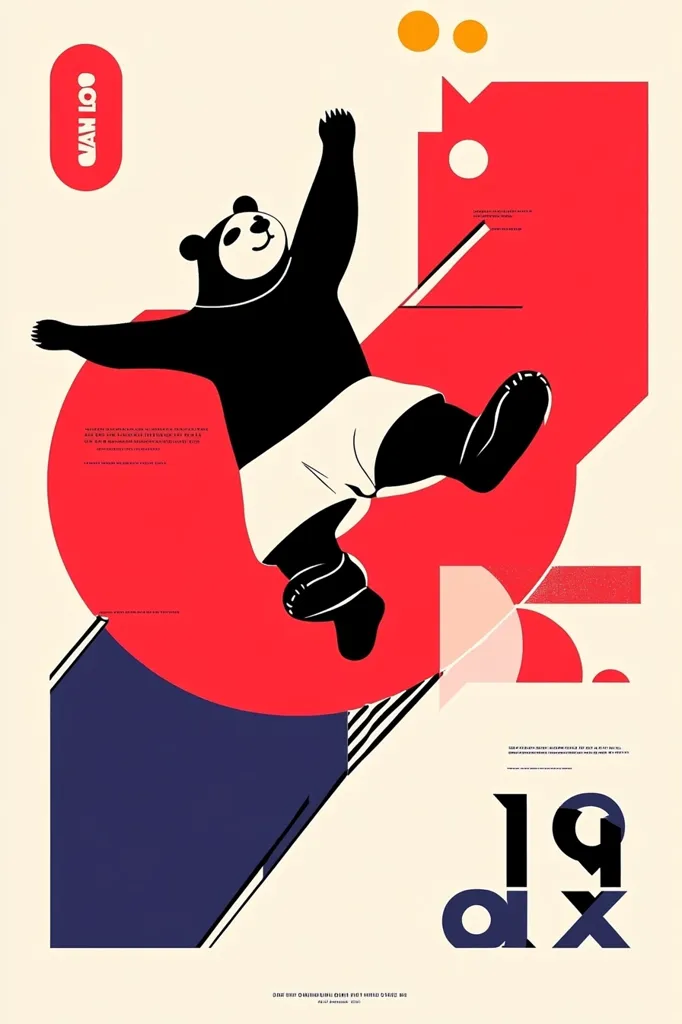 The image is a bold and colorful illustration of a panda bear leaping through the air. It appears to be a  sports-themed poster with a geometric background of red, white, and blue shapes. The panda is wearing shorts and has a determined look on its face, suggesting a sense of athleticism and playful energy. The "VAN LOO" text in the upper left corner suggests the poster may be for a sporting event or brand associated with the panda. The "19" and "aX" at the bottom of the image could be a date or a symbol related to the event. The overall aesthetic is playful, bold, and visually engaging.