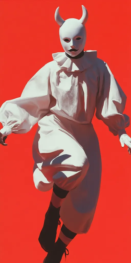 A person in a white, clown-like outfit with black accents, including a mask with horns, is leaping against a vibrant red background. The figure's pose is dynamic, with legs outstretched, creating a sense of movement and energy. The contrasting colors of white and red heighten the visual impact of the image.  The white outfit and mask give the person an otherworldly, almost eerie quality.