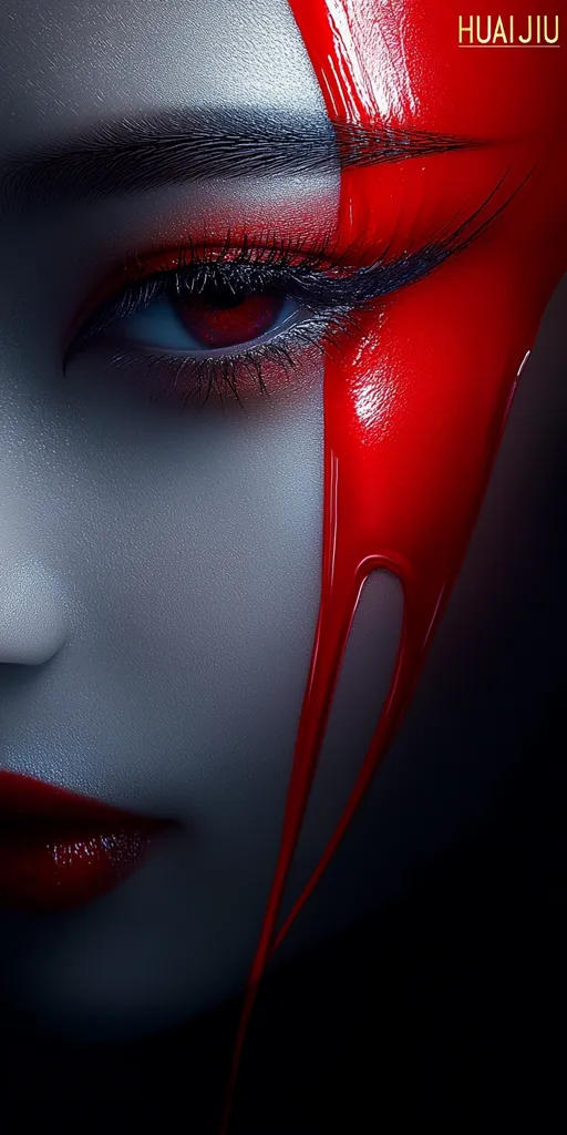 A close-up shot of a woman's face, her eye is intensely focused with bold red eye shadow and black eyeliner.  A thick streak of glossy red paint runs down her cheek, dripping towards her lower lip. The background is a deep, dark black.  The image is dramatic and striking.