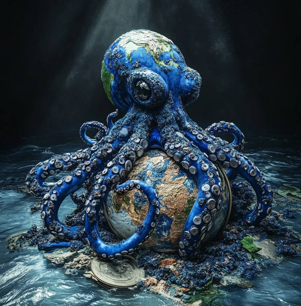 A giant blue octopus, its body textured with barnacles and algae, holds a globe in its tentacles. The globe, also blue and resembling the Earth, is partially submerged in a dark blue, murky water. The scene is reminiscent of a fantastical and unsettling vision of the ocean engulfing the world.  A sense of foreboding is created by the darkness surrounding the creature and the ominous way it holds the Earth. The image suggests the potential for destruction and chaos in the natural world.