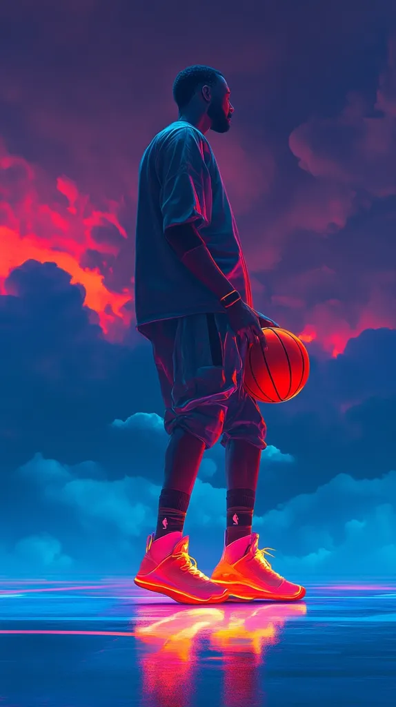 A basketball player stands against a vibrant, colorful sky, holding a basketball in his right hand. He wears bright orange and pink sneakers and a dark blue shirt, his silhouette highlighted by the neon glow. The sky is a mix of dark blue and crimson, with fluffy clouds casting a dramatic backdrop. The image is a striking blend of sport, style, and a surreal atmosphere.