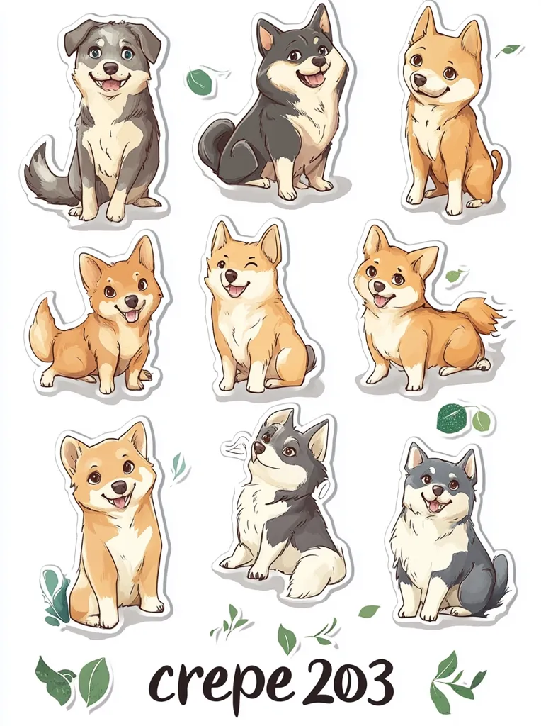 The image features nine adorable cartoon dogs in different poses. There are three black and white dogs, three orange dogs, and three tan dogs. They are all smiling and look very happy. The dogs are surrounded by green leaves and the text "crepe 203" is written at the bottom. The image is simple and cute, making it perfect for a sticker sheet or a children's book.