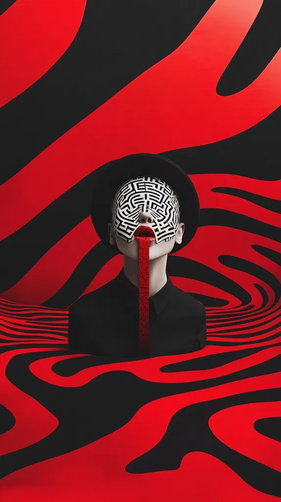A person with a black and white maze pattern painted on their face is wearing a black hat and a black shirt. They are standing in front of a background of swirling red and black stripes. The person's mouth is painted red, and a red stripe is coming out of their mouth, dripping down towards the ground. The image is stylized and surreal.