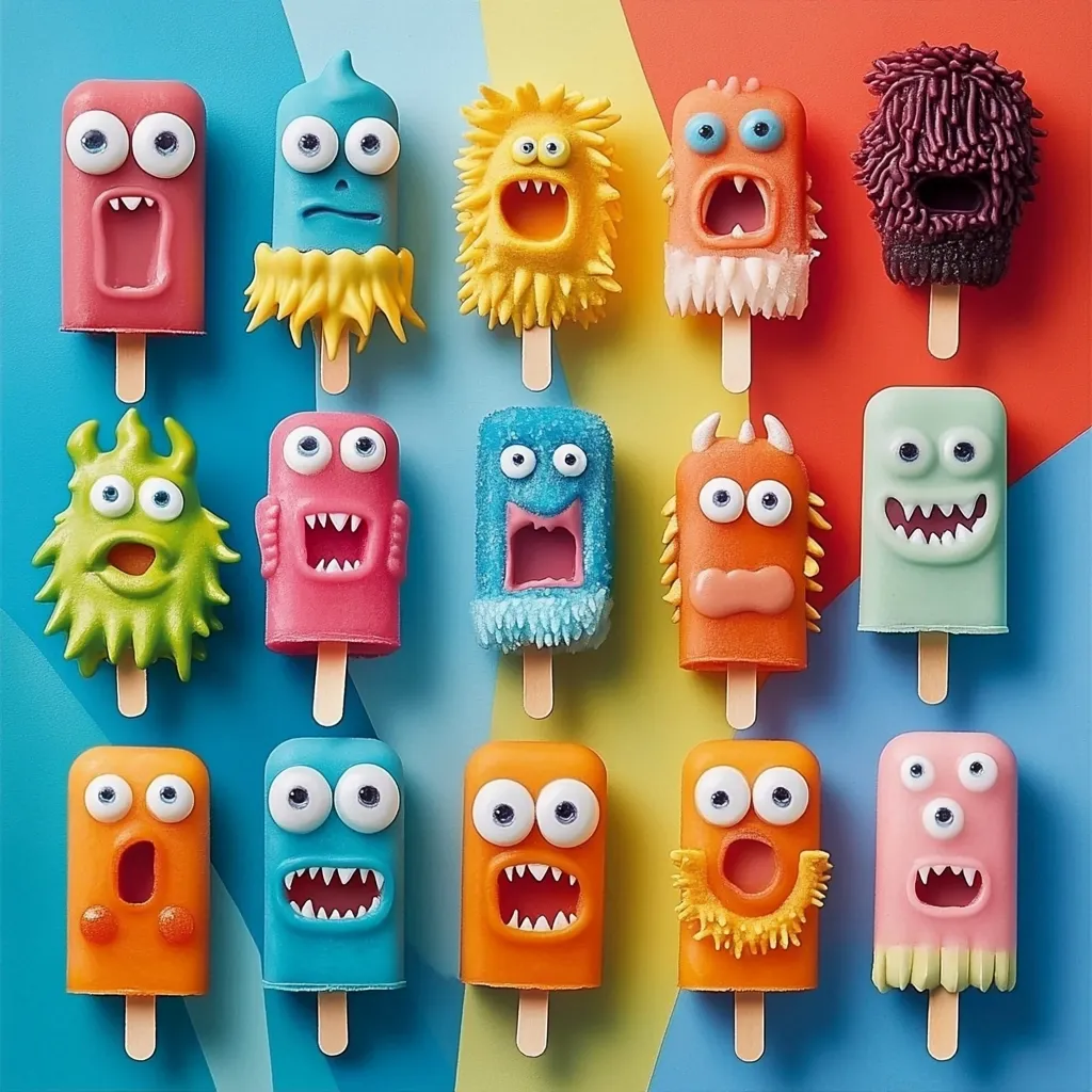 The image shows 16 colorful popsicles shaped like monsters. Each popsicle features different colors, textures, and facial expressions, creating a playful and whimsical scene. The popsicles are arranged in four rows of four, against a colorful background of blue, orange, and yellow.  The popsicles have googly eyes, toothy grins, and fuzzy hair. The overall effect is cheerful and fun, evoking a sense of childhood wonder.