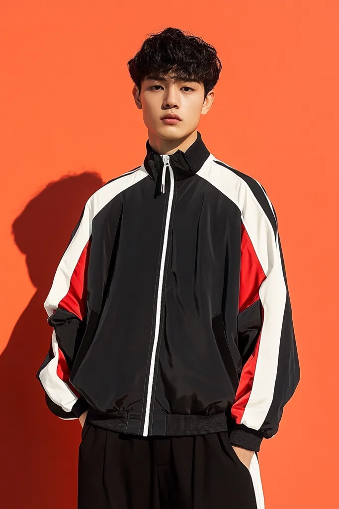 A young man with short, dark hair is standing in front of a bright orange background. He is wearing a black zip-up jacket with red and white stripes on the sleeves. The jacket has a white zipper. He is also wearing black pants. His expression is serious. He looks directly at the camera.  The light shines on his face.  He has a youthful vibe.