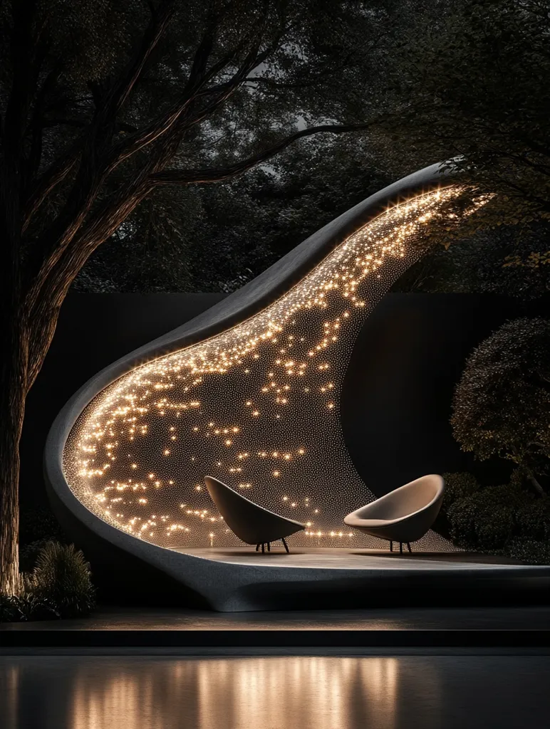 The image shows a modern outdoor seating area illuminated by a wall of twinkling lights. A curved structure, resembling a wave,  is adorned with the lights, creating a magical atmosphere. Two sleek, dark chairs are positioned under the luminous wall, inviting relaxation and contemplation. Lush greenery frames the scene, adding a touch of natural beauty to the modern design. The reflective surface below suggests a pool or pond, enhancing the serene and inviting ambiance.