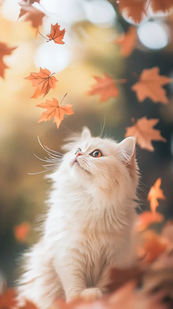 A fluffy white cat with bright orange eyes sits amidst a backdrop of falling autumn leaves.  The cat's fur is soft and inviting, and its gaze is focused upwards, perhaps watching the leaves dance in the gentle breeze.  The warm colors of the leaves and the soft light create a serene and peaceful atmosphere.  The image captures a moment of quiet contemplation, highlighting the beauty of both nature and animal companionship.