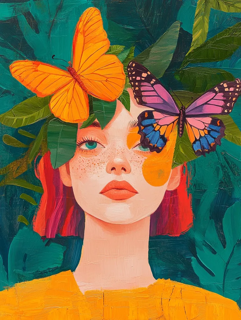 A young woman with bright red hair is surrounded by vibrant green foliage. Two butterflies, one orange and one purple and blue, adorn her head like a crown. Her eyes are a captivating blue, and she gazes softly with a hint of mystery. The painting's bold colors and brushstrokes create a sense of warmth and energy.