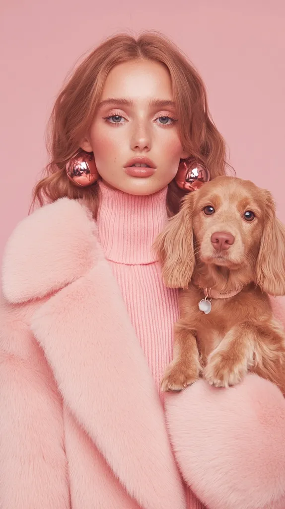 A young woman with long blonde hair and pink blush wears a pink fur coat and a pink turtleneck sweater. She has large pink, round earrings on each ear. A small, light brown dog sits on her lap and wears a silver collar with a round charm. The background is a soft pink.  The image is in a soft, dreamy style.