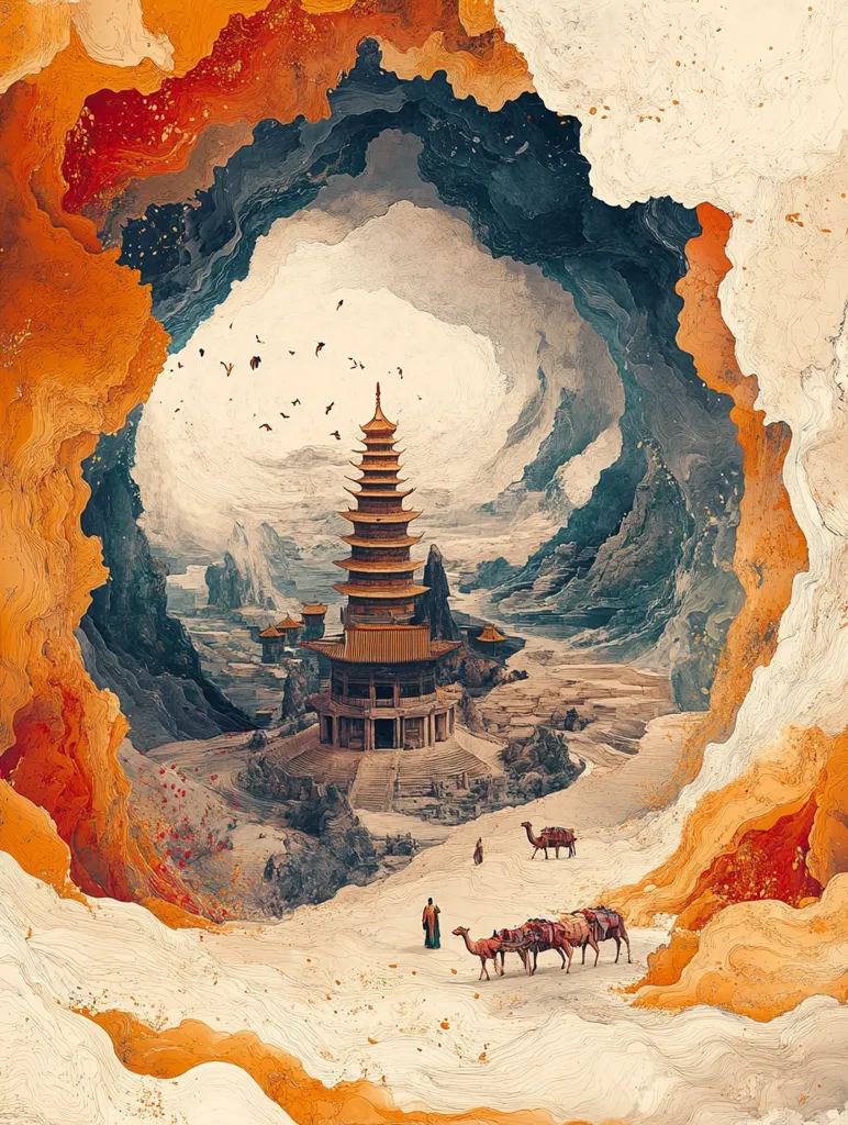 A large, golden pagoda stands in the center of a desert valley, framed by towering cliffs. The sky is a hazy, pale blue, and a few birds fly overhead. In the foreground, several camels traverse the sand with their riders, while a lone figure walks towards the pagoda in the distance. The scene is painted in soft, muted colors and evokes a sense of peace and tranquility.