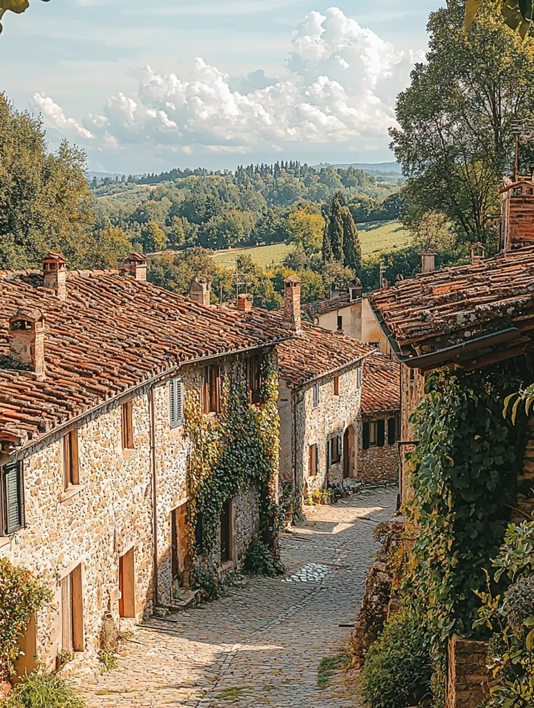 The image shows a cobblestone street winding through a quaint Italian village. Stone houses with terracotta roofs line the street, their walls covered in lush green ivy. The street leads to a picturesque valley in the distance, framed by rolling hills and a bright blue sky with fluffy white clouds. The scene evokes a sense of tranquility and charm, capturing the essence of classic Italian architecture and picturesque countryside.